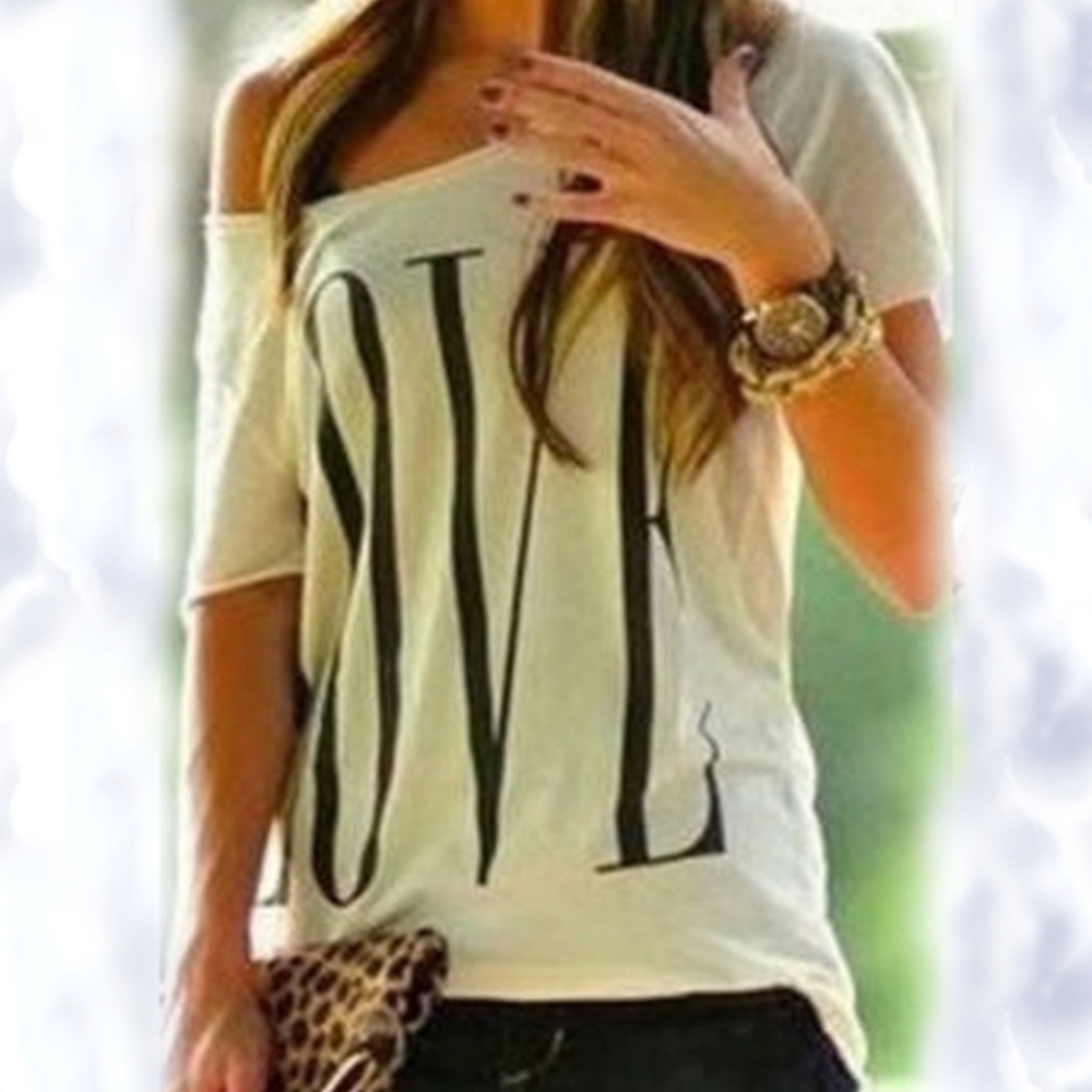 LOVE Print Top One Shoulder Short Sleeve